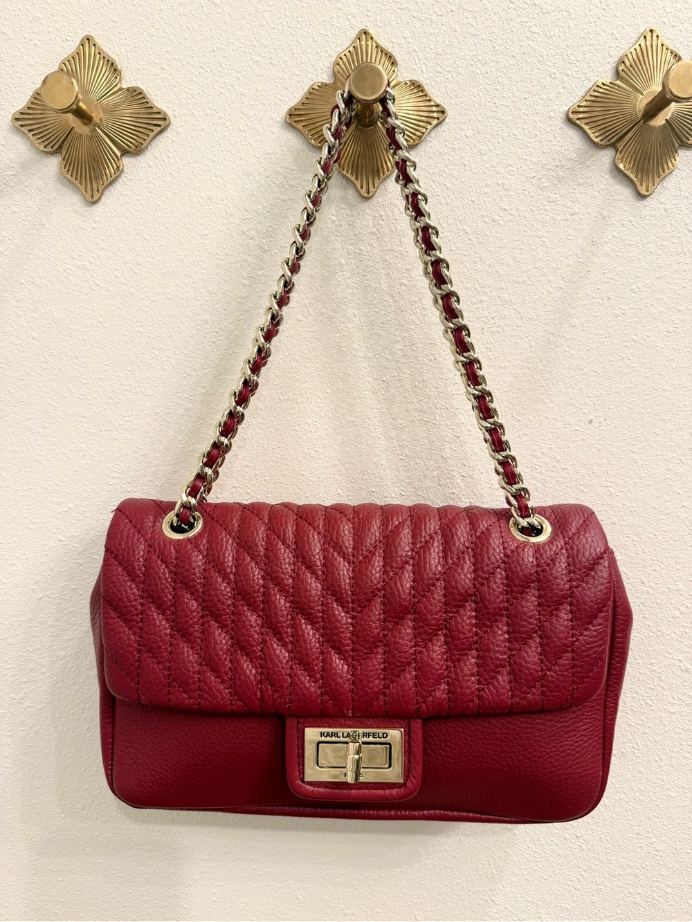 KARL LAGERFELD Quilted Red Leather Chain Shoulder Bag